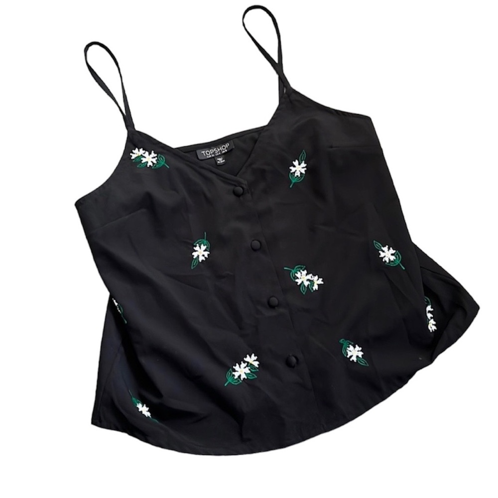 Topshop Black V Neck Tank Top With Beaded Accents and Buttons Size 4